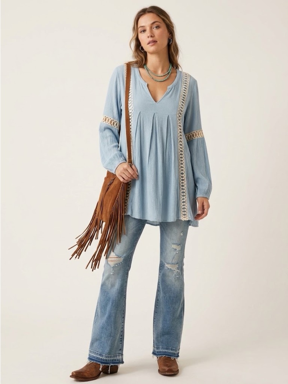 🎉3/$45 Umgee Baby Blue Boho Tunic Mini Dress Small Crochet Lace Trim